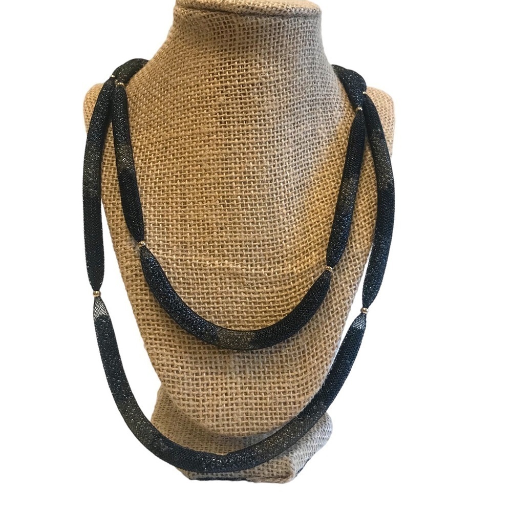 Chicos Double Strand Crochet Knit Station Layered Necklace Gold Tone Beads